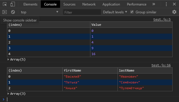 console.table